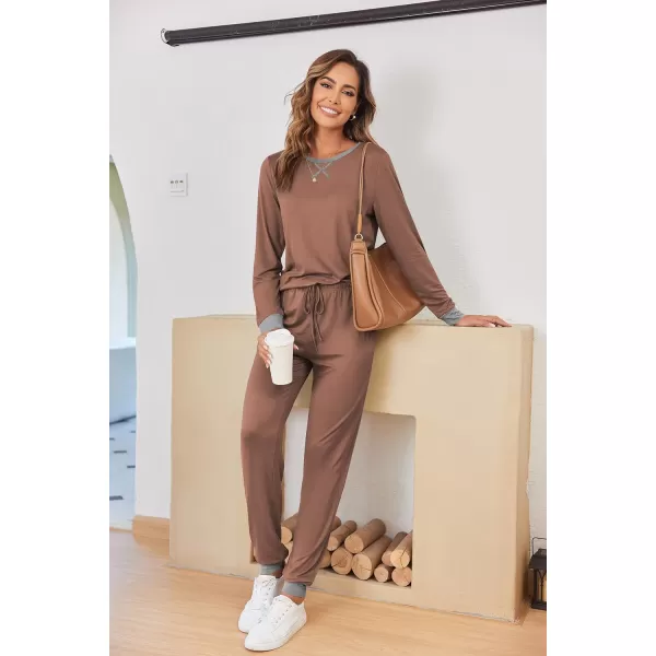 Ekouaer Womens Pajamas Sets Long Sleeve with Plaid Pants Soft Sleepwear O Neck 2 Piece Pjs Joggers Loung Set with PocketsZbrown