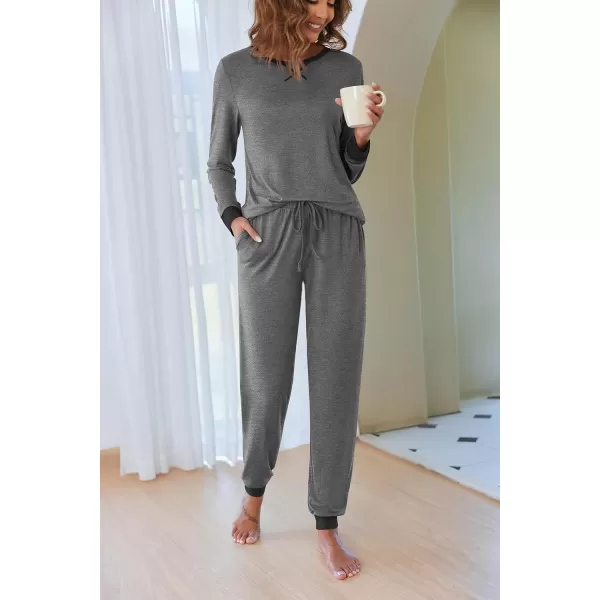 Ekouaer Womens Pajamas Sets Long Sleeve with Plaid Pants Soft Sleepwear O Neck 2 Piece Pjs Joggers Loung Set with PocketsZdeep Grey