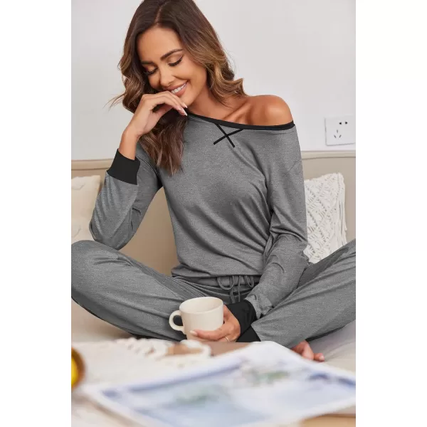 Ekouaer Womens Pajamas Sets Long Sleeve with Plaid Pants Soft Sleepwear O Neck 2 Piece Pjs Joggers Loung Set with PocketsZdeep Grey