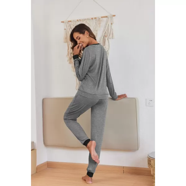 Ekouaer Womens Pajamas Sets Long Sleeve with Plaid Pants Soft Sleepwear O Neck 2 Piece Pjs Joggers Loung Set with PocketsZdeep Grey