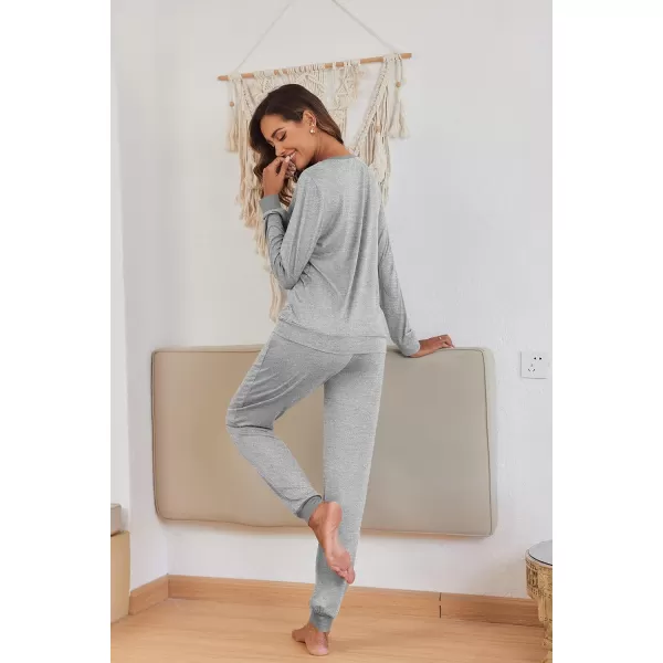 Ekouaer Womens Pajamas Sets Long Sleeve with Plaid Pants Soft Sleepwear O Neck 2 Piece Pjs Joggers Loung Set with PocketsZlight Grey