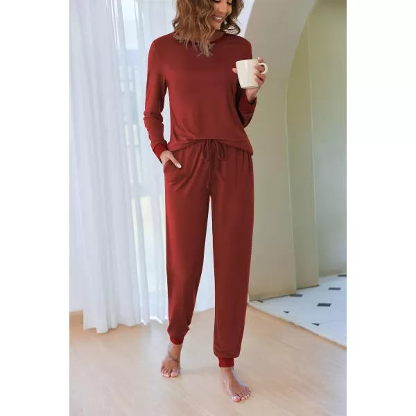 Ekouaer Womens Pajamas Sets Long Sleeve with Plaid Pants Soft Sleepwear O Neck 2 Piece Pjs Joggers Loung Set with PocketsZsolidwind Red