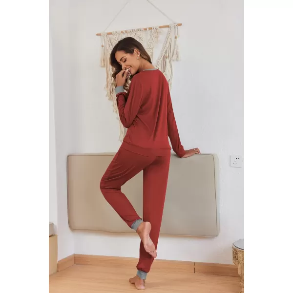 Ekouaer Womens Pajamas Sets Long Sleeve with Plaid Pants Soft Sleepwear O Neck 2 Piece Pjs Joggers Loung Set with PocketsZwind Red