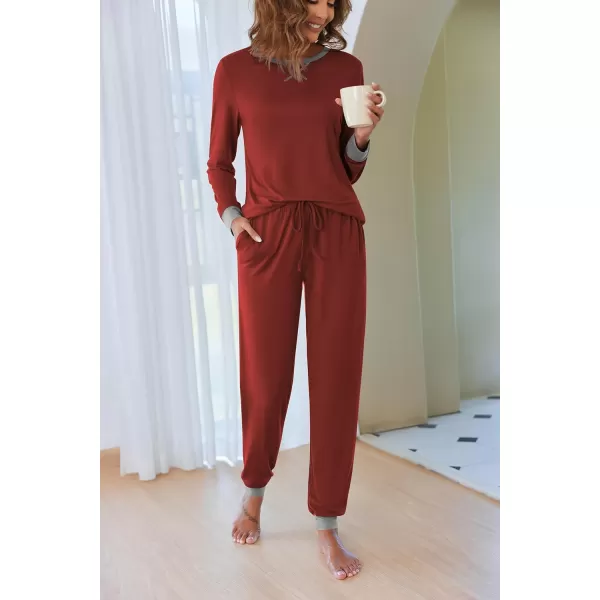 Ekouaer Womens Pajamas Sets Long Sleeve with Plaid Pants Soft Sleepwear O Neck 2 Piece Pjs Joggers Loung Set with PocketsZwind Red