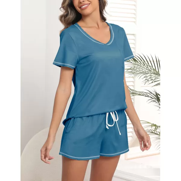 Ekouaer Womens Pajamas Sets Short Sleeve Lounge Sets Sleepwear Casual Two Piece Pjs With PocketsBlue Green