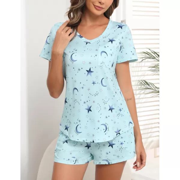 Ekouaer Womens Pajamas Sets Short Sleeve Lounge Sets Sleepwear Casual Two Piece Pjs With PocketsBlue Moon Star