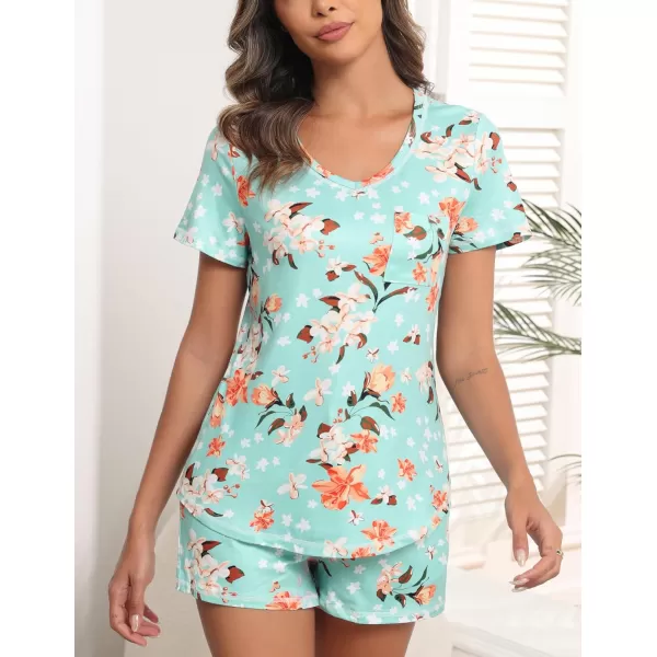 Ekouaer Womens Pajamas Sets Short Sleeve Lounge Sets Sleepwear Casual Two Piece Pjs With PocketsFloral Blue2