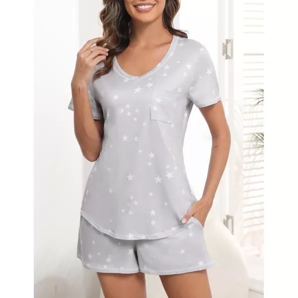 Ekouaer Womens Pajamas Sets Short Sleeve Lounge Sets Sleepwear Casual Two Piece Pjs With PocketsGrey Star