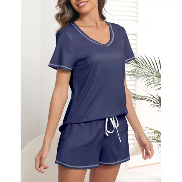 Ekouaer Womens Pajamas Sets Short Sleeve Lounge Sets Sleepwear Casual Two Piece Pjs With PocketsNavy Blue