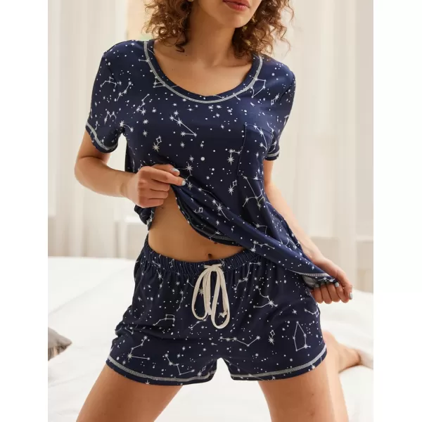 Ekouaer Womens Pajamas Sets Short Sleeve Lounge Sets Sleepwear Casual Two Piece Pjs With PocketsNavy Blue Star