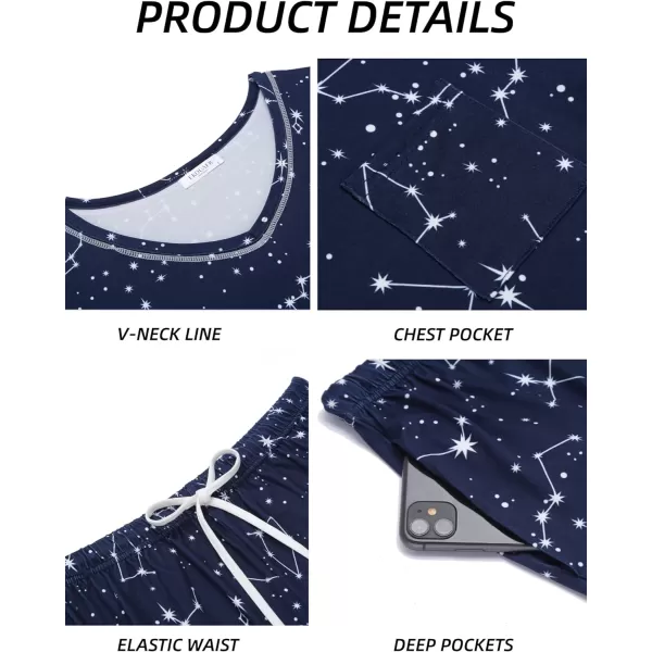 Ekouaer Womens Pajamas Sets Short Sleeve Lounge Sets Sleepwear Casual Two Piece Pjs With PocketsNavy Blue Star