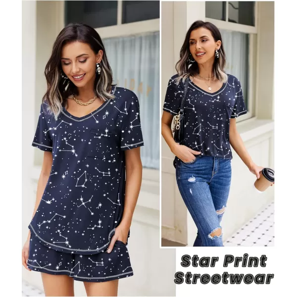 Ekouaer Womens Pajamas Sets Short Sleeve Lounge Sets Sleepwear Casual Two Piece Pjs With PocketsNavy Blue Star