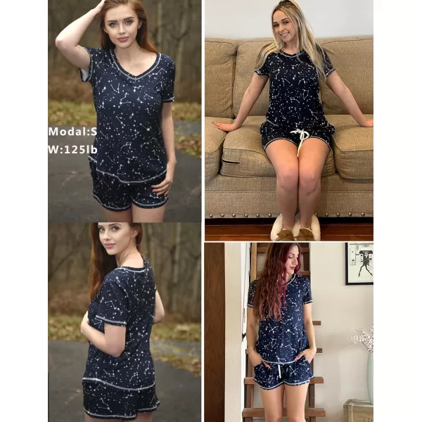 Ekouaer Womens Pajamas Sets Short Sleeve Lounge Sets Sleepwear Casual Two Piece Pjs With PocketsNavy Blue Star
