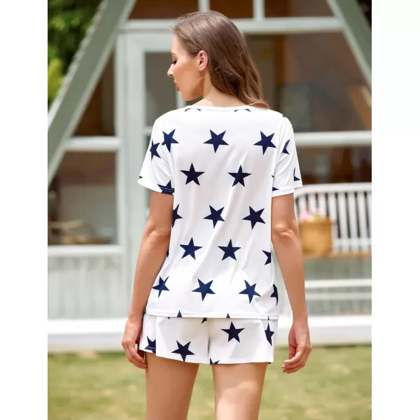 Ekouaer Womens Pajamas Sets Short Sleeve Lounge Sets Sleepwear Casual Two Piece Pjs With PocketsWhite Blue Star