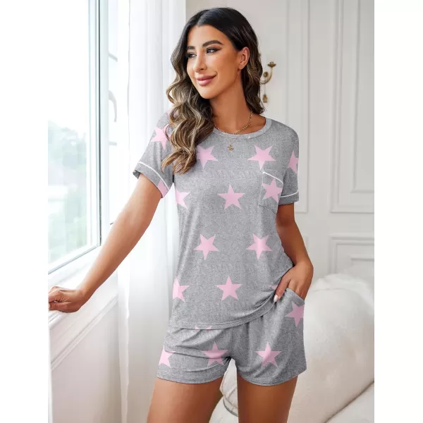 Ekouaer Womens Pajamas Sets Shorts 2 Piece Short Sleeve Lounge Sets Sleepwear Casual Pjs with PocketsPat8light Grey White Star