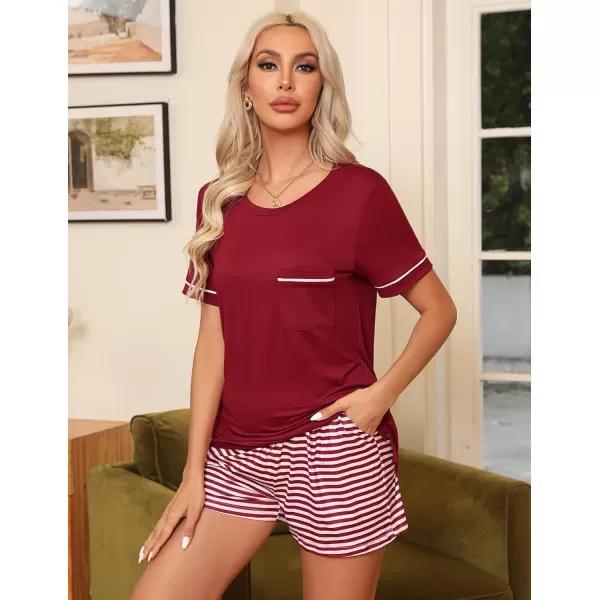 Ekouaer Womens Pajamas Sets Shorts 2 Piece Short Sleeve Lounge Sets Sleepwear Casual Pjs with PocketsWine Red