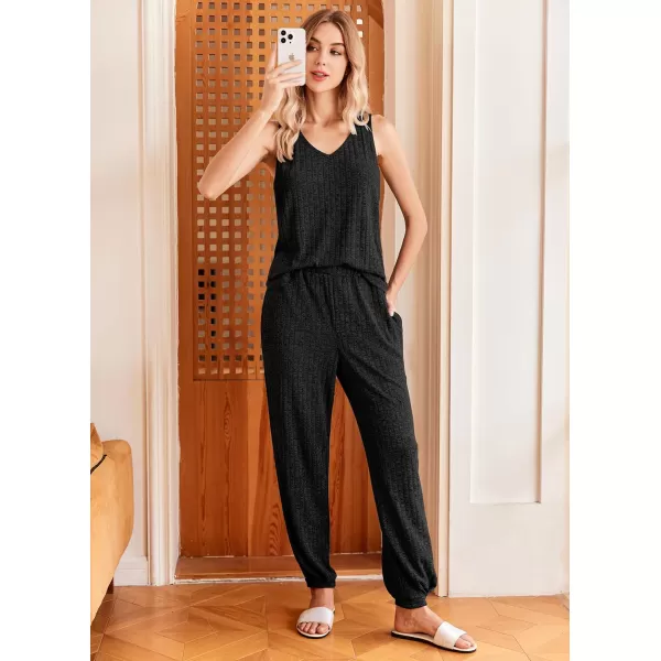 Ekouaer Womens Pajamas Sleeveless V Neck Pjs Lounge Sets Ribbed Knit 2 Piece Tank Pants Set Loungewear with Pockets SXXLBlack