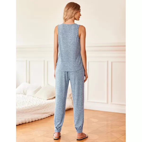 Ekouaer Womens Pajamas Sleeveless V Neck Pjs Lounge Sets Ribbed Knit 2 Piece Tank Pants Set Loungewear with Pockets SXXLClear Blue