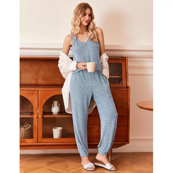 Ekouaer Womens Pajamas Sleeveless V Neck Pjs Lounge Sets Ribbed Knit 2 Piece Tank Pants Set Loungewear with Pockets SXXLClear Blue