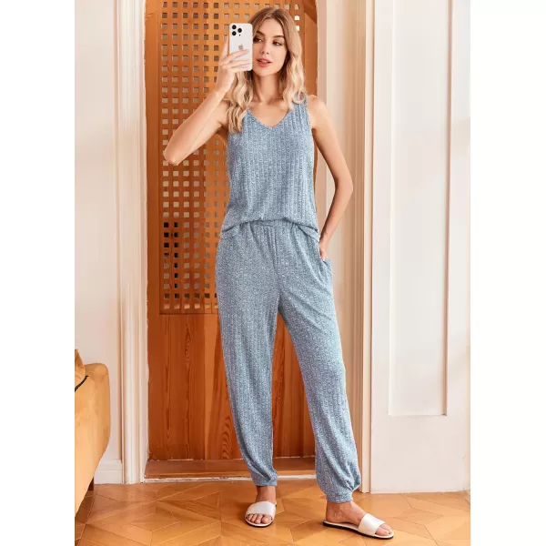 Ekouaer Womens Pajamas Sleeveless V Neck Pjs Lounge Sets Ribbed Knit 2 Piece Tank Pants Set Loungewear with Pockets SXXLClear Blue
