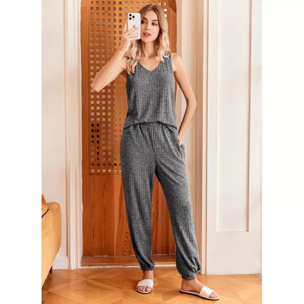 Ekouaer Womens Pajamas Sleeveless V Neck Pjs Lounge Sets Ribbed Knit 2 Piece Tank Pants Set Loungewear with Pockets SXXLDark Gray