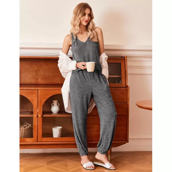 Ekouaer Womens Pajamas Sleeveless V Neck Pjs Lounge Sets Ribbed Knit 2 Piece Tank Pants Set Loungewear with Pockets SXXLDark Gray