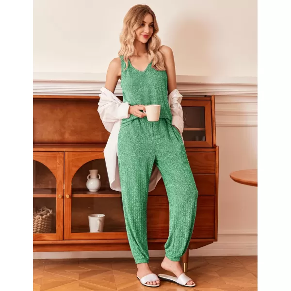 Ekouaer Womens Pajamas Sleeveless V Neck Pjs Lounge Sets Ribbed Knit 2 Piece Tank Pants Set Loungewear with Pockets SXXLGreen