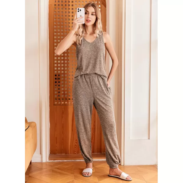 Ekouaer Womens Pajamas Sleeveless V Neck Pjs Lounge Sets Ribbed Knit 2 Piece Tank Pants Set Loungewear with Pockets SXXLLight Brown