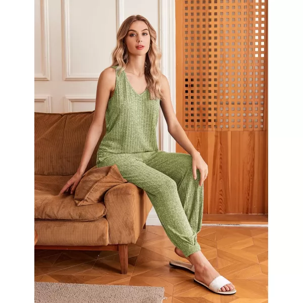 Ekouaer Womens Pajamas Sleeveless V Neck Pjs Lounge Sets Ribbed Knit 2 Piece Tank Pants Set Loungewear with Pockets SXXLLight Green