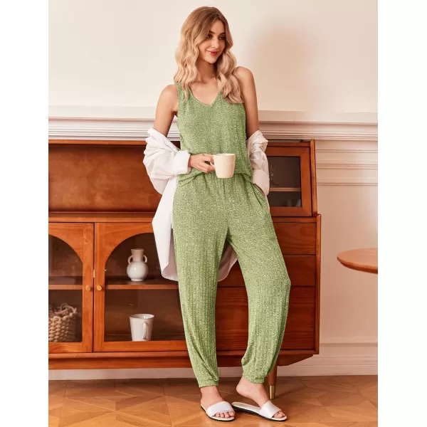 Ekouaer Womens Pajamas Sleeveless V Neck Pjs Lounge Sets Ribbed Knit 2 Piece Tank Pants Set Loungewear with Pockets SXXLLight Green