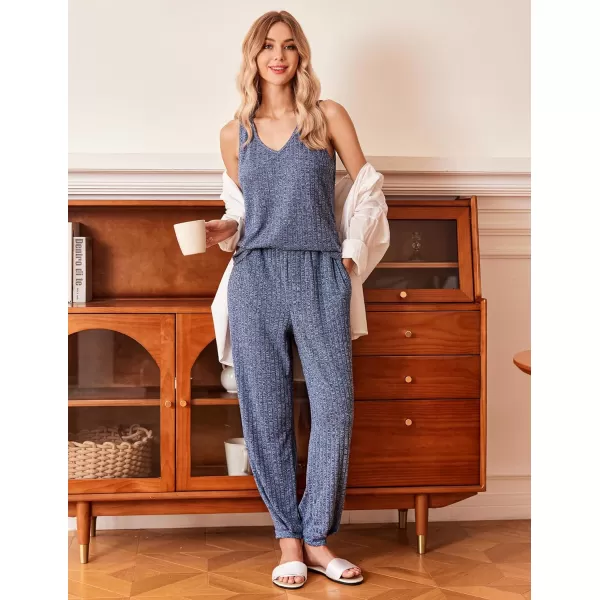 Ekouaer Womens Pajamas Sleeveless V Neck Pjs Lounge Sets Ribbed Knit 2 Piece Tank Pants Set Loungewear with Pockets SXXLNavy Blue