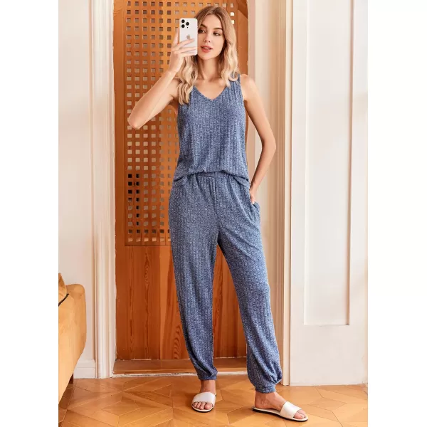 Ekouaer Womens Pajamas Sleeveless V Neck Pjs Lounge Sets Ribbed Knit 2 Piece Tank Pants Set Loungewear with Pockets SXXLNavy Blue