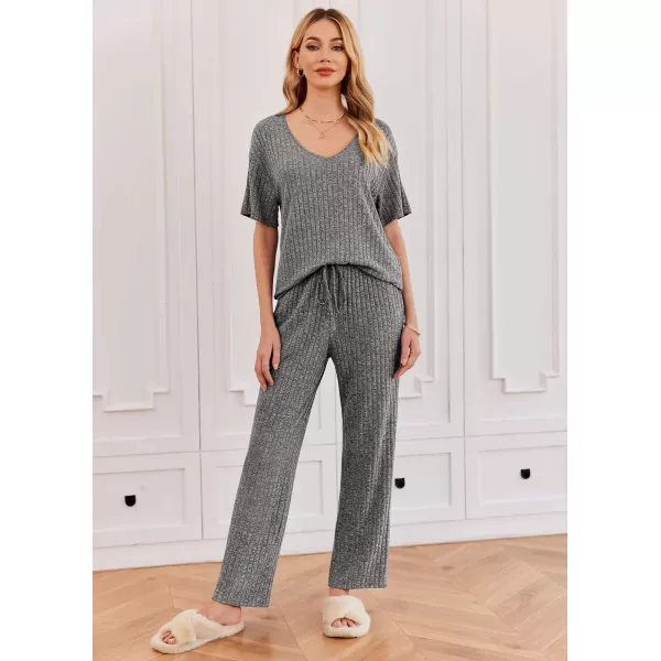 Ekouaer Womens Ribbed Knit Lounge Set Short Sleeve Top and Long Pants Sleepwear Pajama Set Two Piece Matching Outfits SetGray