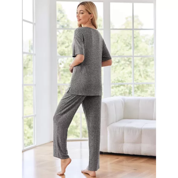 Ekouaer Womens Ribbed Knit Lounge Set Short Sleeve Top and Long Pants Sleepwear Pajama Set Two Piece Matching Outfits SetGray