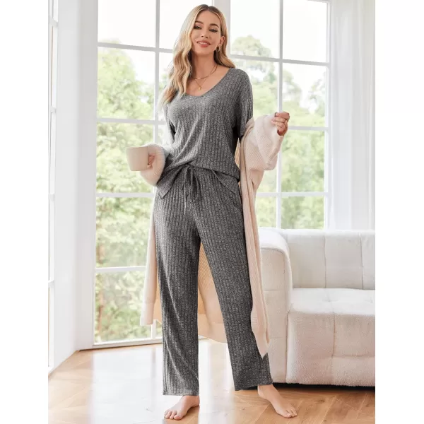 Ekouaer Womens Ribbed Knit Lounge Set Short Sleeve Top and Long Pants Sleepwear Pajama Set Two Piece Matching Outfits SetGray