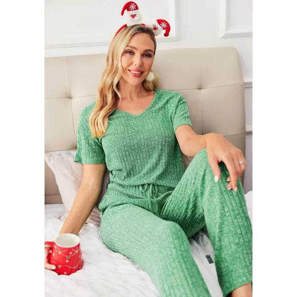 Ekouaer Womens Ribbed Knit Lounge Set Short Sleeve Top and Long Pants Sleepwear Pajama Set Two Piece Matching Outfits SetGreen