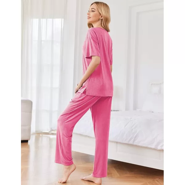 Ekouaer Womens Ribbed Knit Lounge Set Short Sleeve Top and Long Pants Sleepwear Pajama Set Two Piece Matching Outfits SetHot Pink