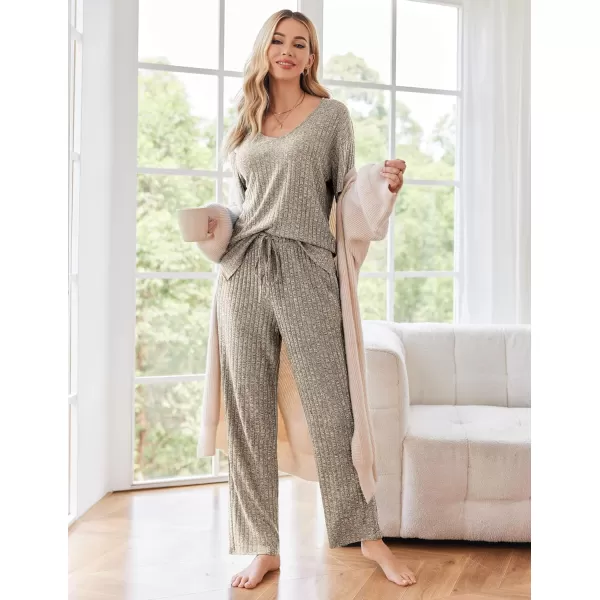 Ekouaer Womens Ribbed Knit Lounge Set Short Sleeve Top and Long Pants Sleepwear Pajama Set Two Piece Matching Outfits SetKhaki