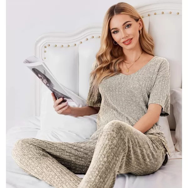 Ekouaer Womens Ribbed Knit Lounge Set Short Sleeve Top and Long Pants Sleepwear Pajama Set Two Piece Matching Outfits SetKhaki