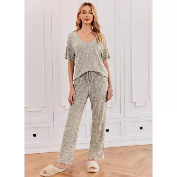Ekouaer Womens Ribbed Knit Lounge Set Short Sleeve Top and Long Pants Sleepwear Pajama Set Two Piece Matching Outfits SetKhaki