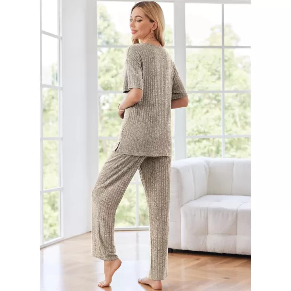 Ekouaer Womens Ribbed Knit Lounge Set Short Sleeve Top and Long Pants Sleepwear Pajama Set Two Piece Matching Outfits SetKhaki