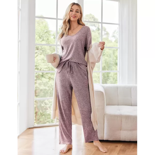 Ekouaer Womens Ribbed Knit Lounge Set Short Sleeve Top and Long Pants Sleepwear Pajama Set Two Piece Matching Outfits SetLight Purple