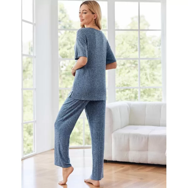 Ekouaer Womens Ribbed Knit Lounge Set Short Sleeve Top and Long Pants Sleepwear Pajama Set Two Piece Matching Outfits SetRoyal Blue