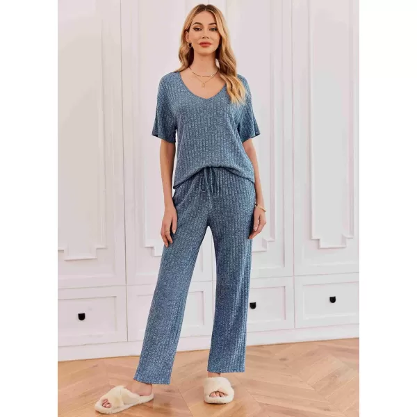 Ekouaer Womens Ribbed Knit Lounge Set Short Sleeve Top and Long Pants Sleepwear Pajama Set Two Piece Matching Outfits SetRoyal Blue