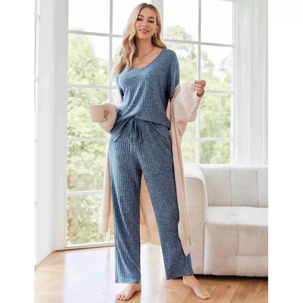 Ekouaer Womens Ribbed Knit Lounge Set Short Sleeve Top and Long Pants Sleepwear Pajama Set Two Piece Matching Outfits SetRoyal Blue