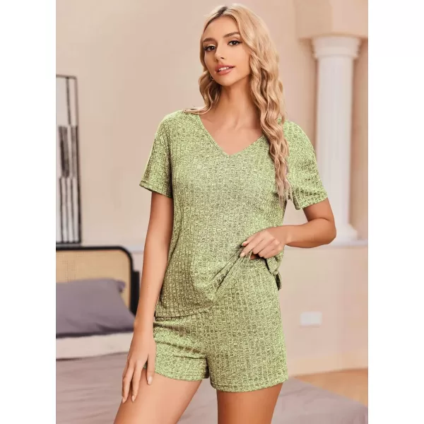 Ekouaer Womens Ribbed Knit Lounge Set Short Sleeve Top and Shorts Sleepwear Pajama Set Two Piece Matching Outfits SetApple Grenn