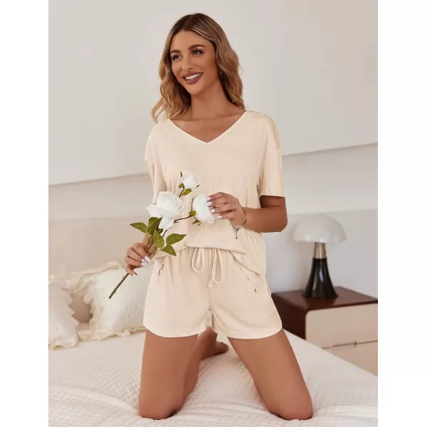 Ekouaer Womens Ribbed Knit Lounge Set Short Sleeve Top and Shorts Sleepwear Pajama Set Two Piece Matching Outfits SetBeige