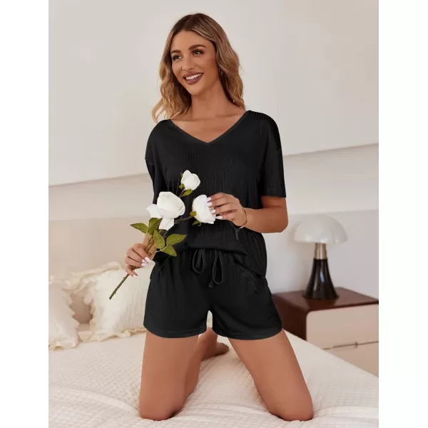 Ekouaer Womens Ribbed Knit Lounge Set Short Sleeve Top and Shorts Sleepwear Pajama Set Two Piece Matching Outfits SetBlack