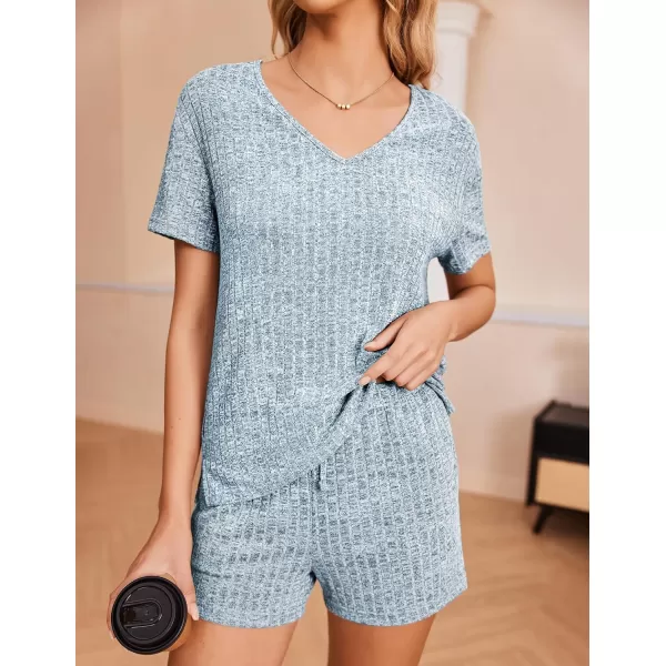 Ekouaer Womens Ribbed Knit Lounge Set Short Sleeve Top and Shorts Sleepwear Pajama Set Two Piece Matching Outfits SetBlue