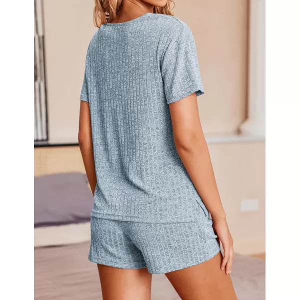 Ekouaer Womens Ribbed Knit Lounge Set Short Sleeve Top and Shorts Sleepwear Pajama Set Two Piece Matching Outfits SetBlue